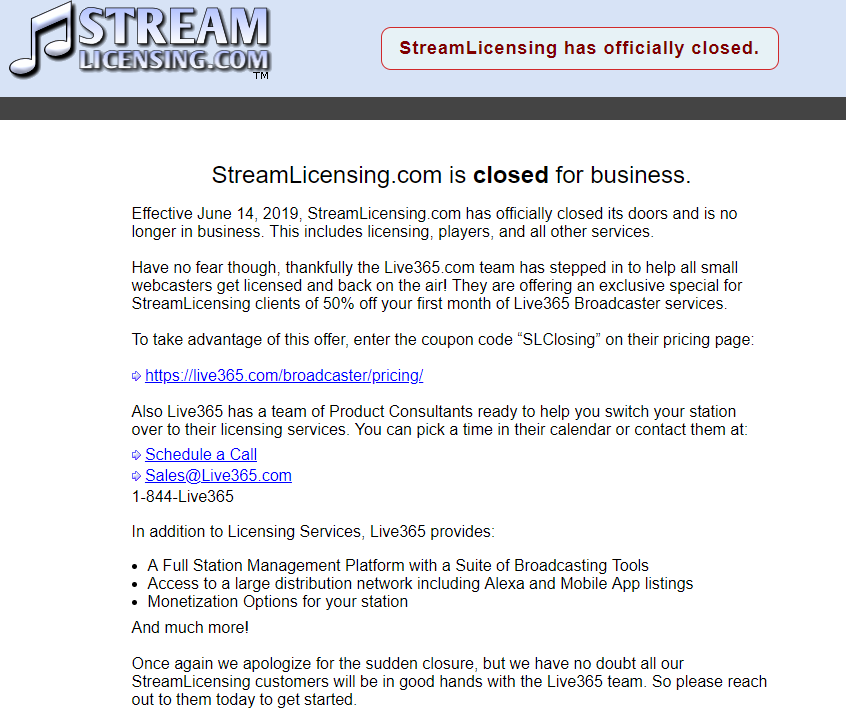 StreamLicensing.com Closed Notice (Image)
